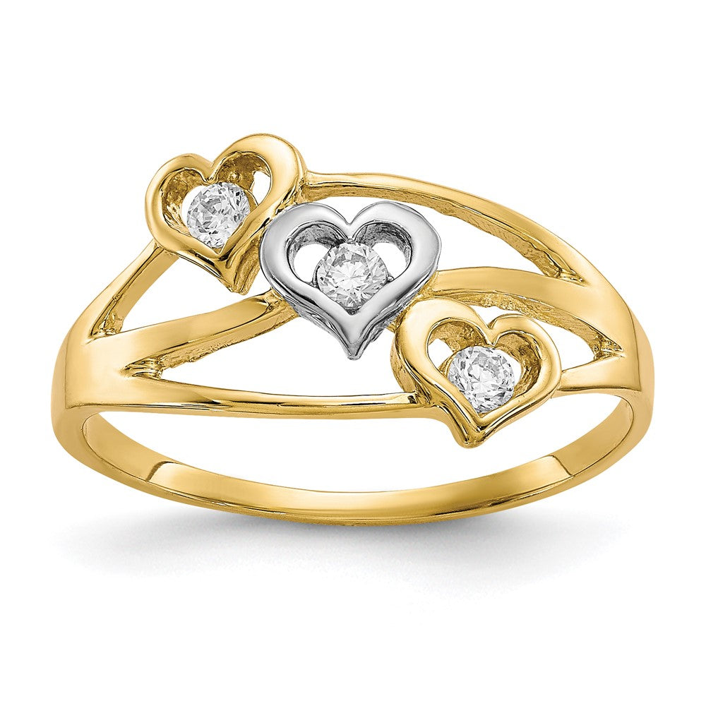 10K Yellow Gold w/Rhodium Triple Heart CZ Ring