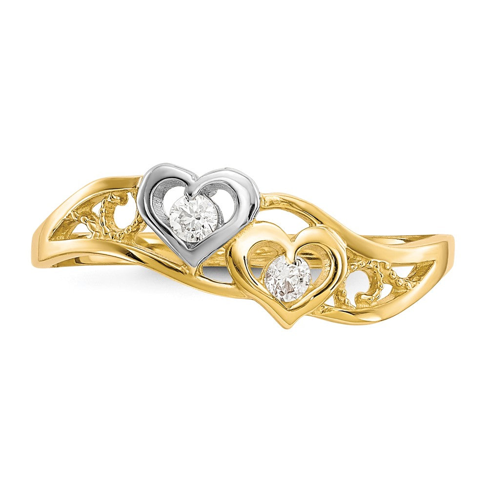 10K Yellow Gold w/Rhodium Double Heart CZ Ring