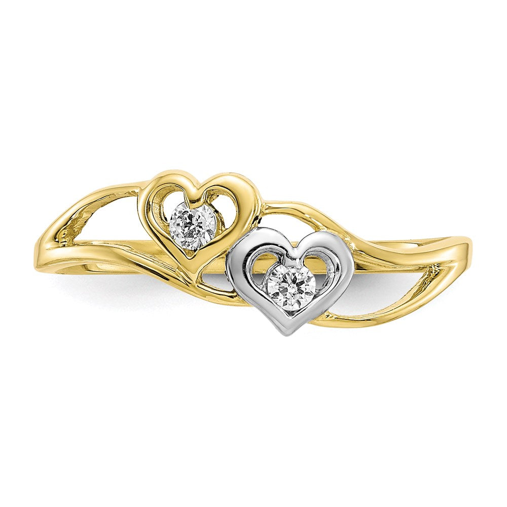 10K Yellow Gold & Rhodium Double Heart CZ Ring