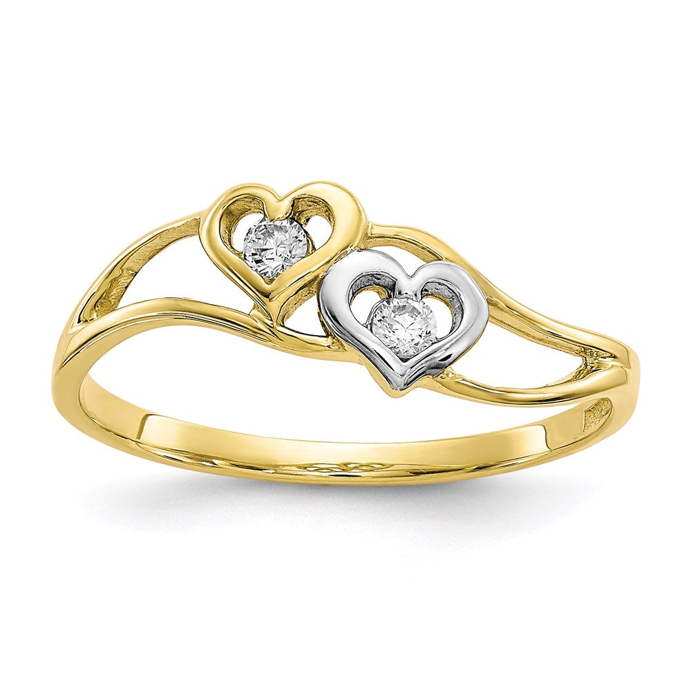 10K Yellow Gold & Rhodium Double Heart CZ Ring