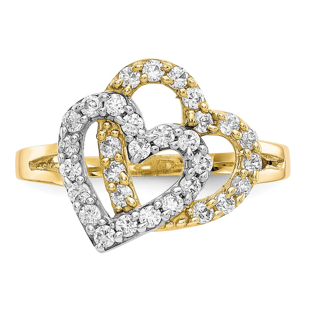 10K Yellow Gold w/Rhodium Double Heart CZ Ring