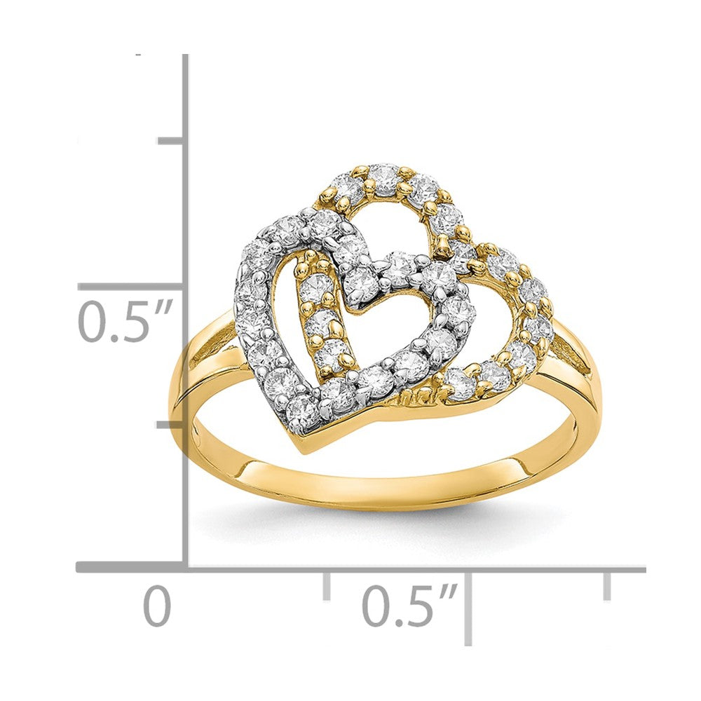 10K Yellow Gold w/Rhodium Double Heart CZ Ring