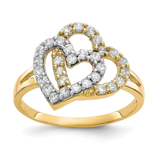 10K Yellow Gold w/Rhodium Double Heart CZ Ring