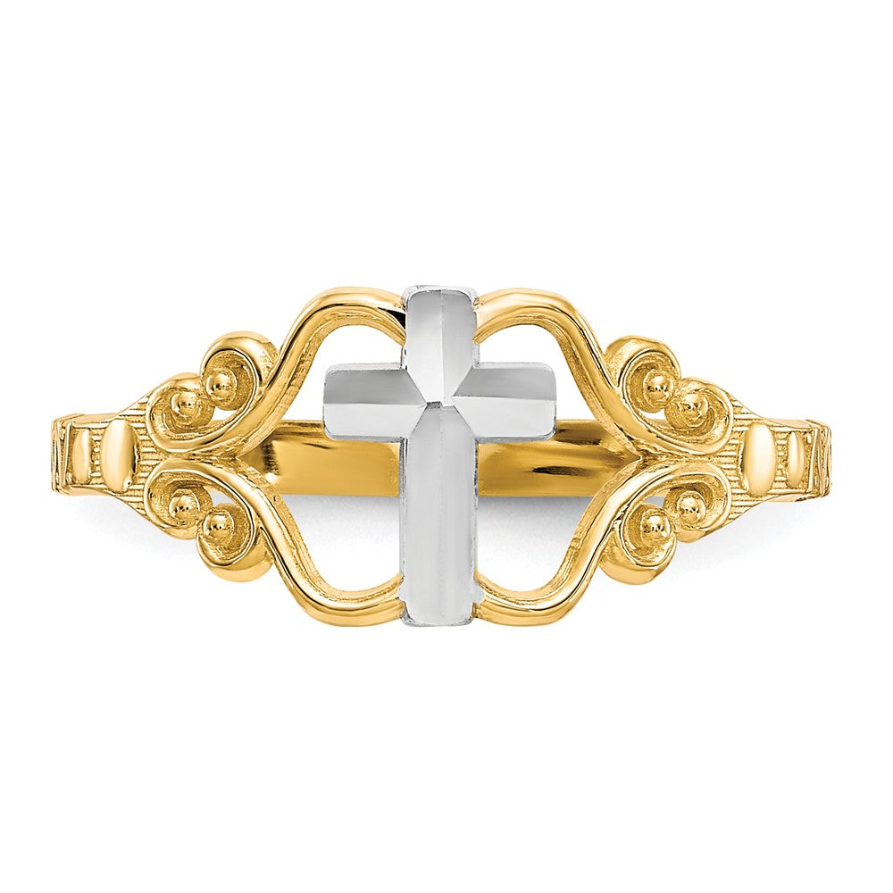 10K Yellow Gold & Rhodium Polished Cross Ring