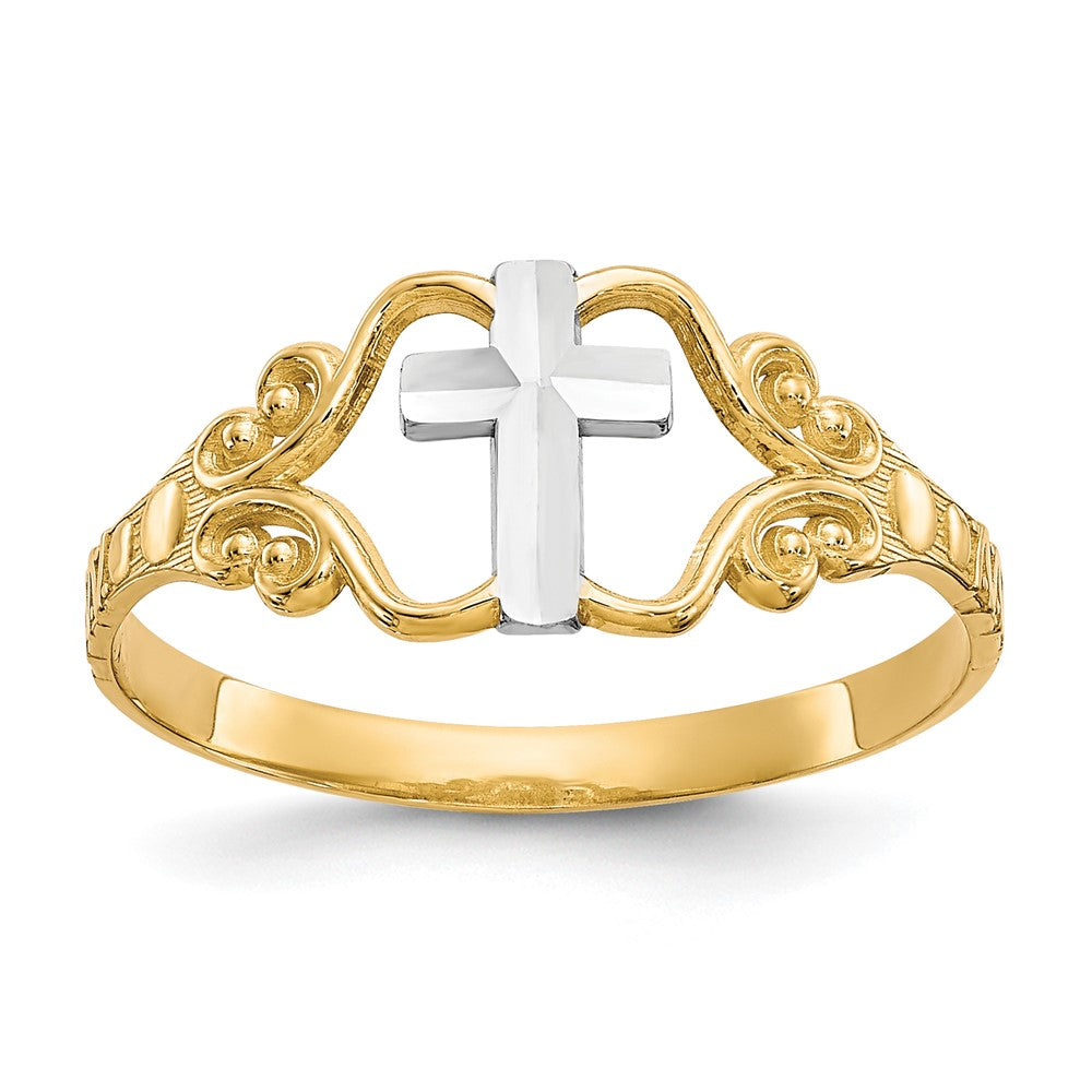 10K Yellow Gold & Rhodium Polished Cross Ring