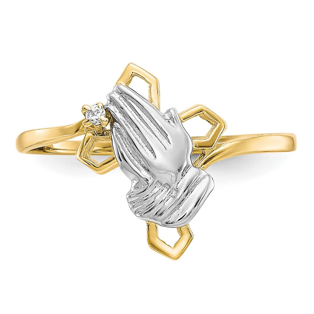 10K Yellow Gold & Rhodium Praying Hands CZ w/Cross Ring