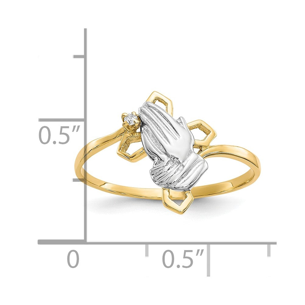 10K Yellow Gold & Rhodium Praying Hands CZ w/Cross Ring