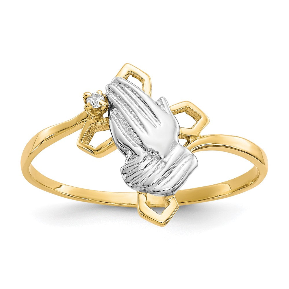 10K Yellow Gold & Rhodium Praying Hands CZ w/Cross Ring