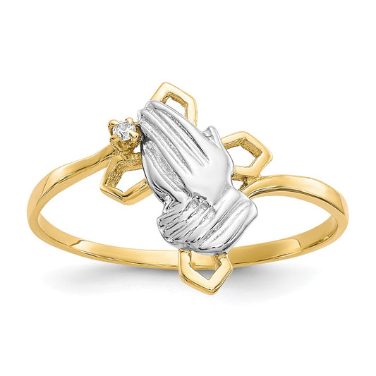 10K Yellow Gold & Rhodium Praying Hands CZ w/Cross Ring