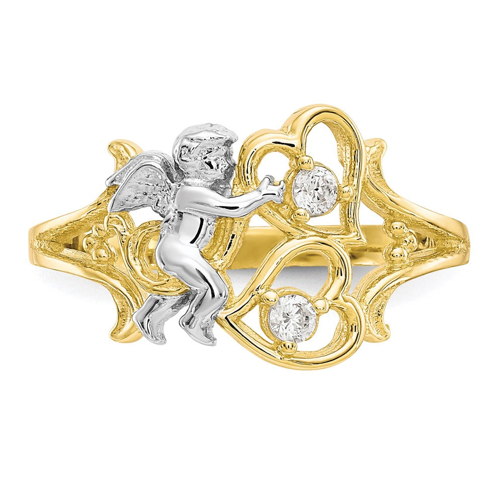 10K Yellow Gold & Rhodium CZ Angel w/Hearts Ring