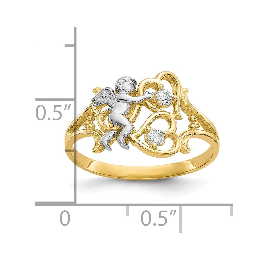 10K Yellow Gold & Rhodium CZ Angel w/Hearts Ring