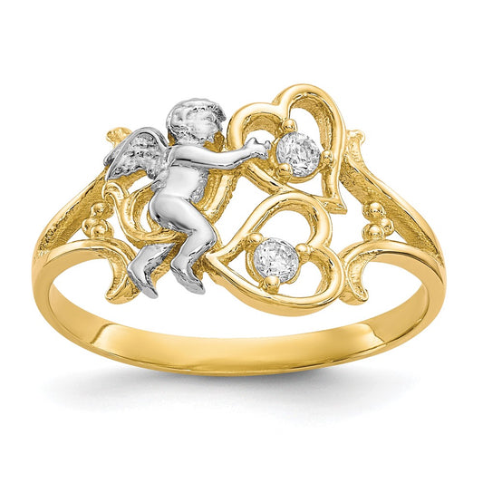 10K Yellow Gold & Rhodium CZ Angel w/Hearts Ring