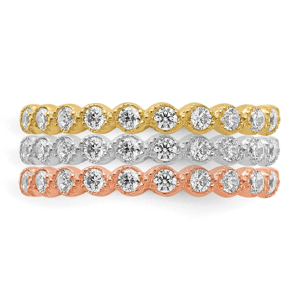 10K Tri-color Gold Set of Three Stackable CZ Rings