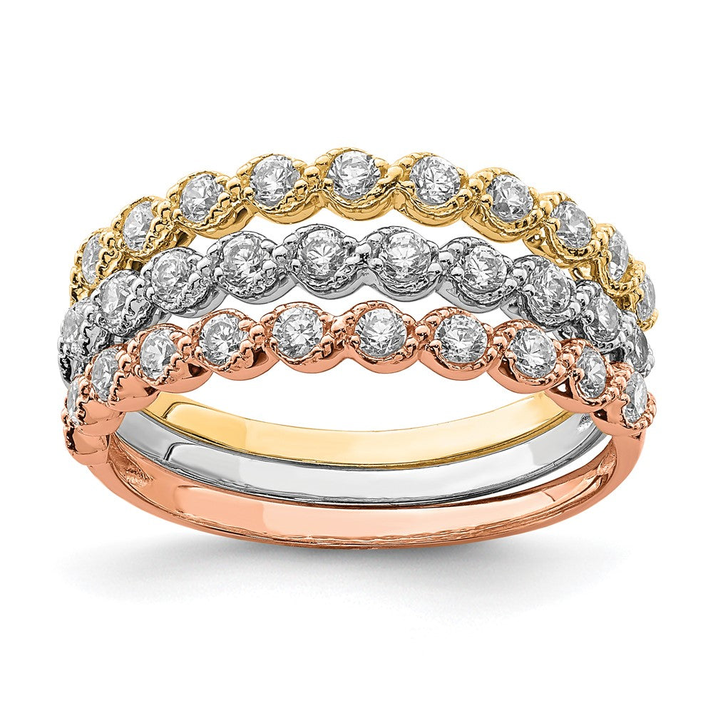 10K Tri-color Gold Set of Three Stackable CZ Rings