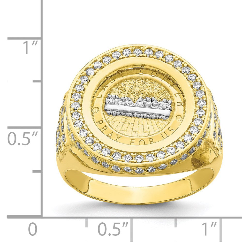 10K Yellow Gold w/Rhodium CZ Micropave Last Supper Mens Ring