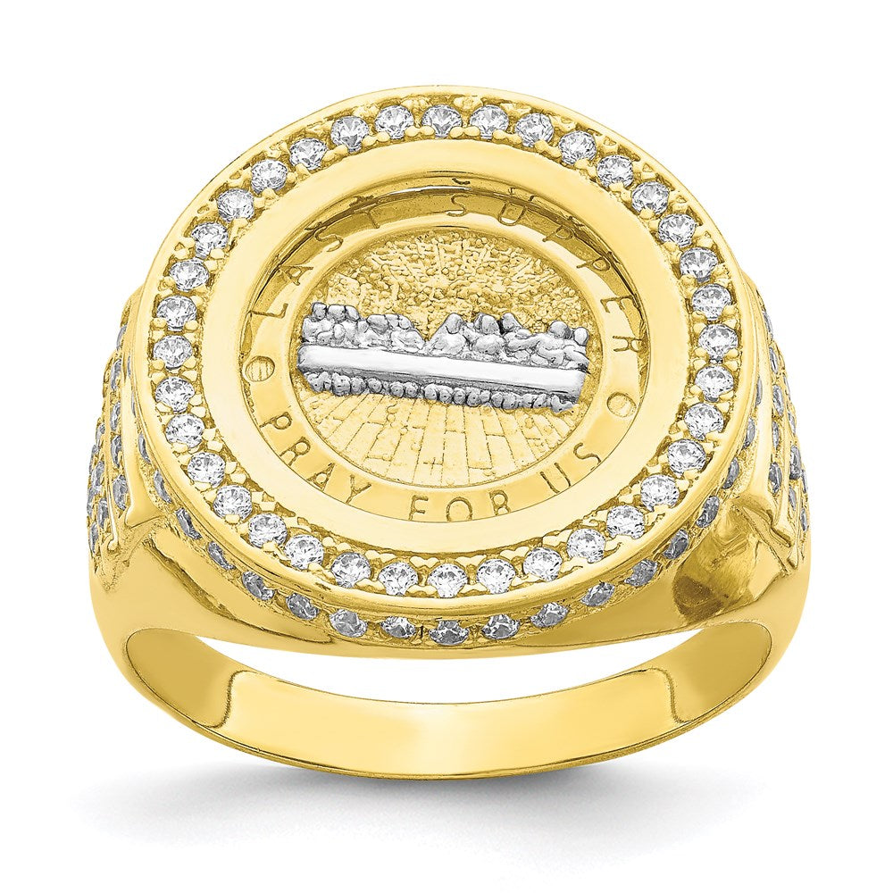 10K Yellow Gold w/Rhodium CZ Micropave Last Supper Mens Ring