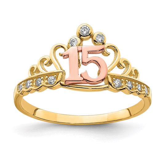 10K Two-Tone Gold CZ 15 Crown Ring