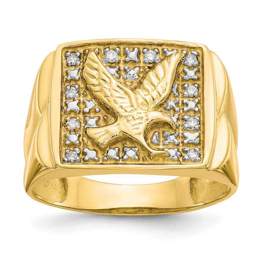 10K Yellow Gold & Rhodium .10ct Real Diamond Mens Eagle Ring