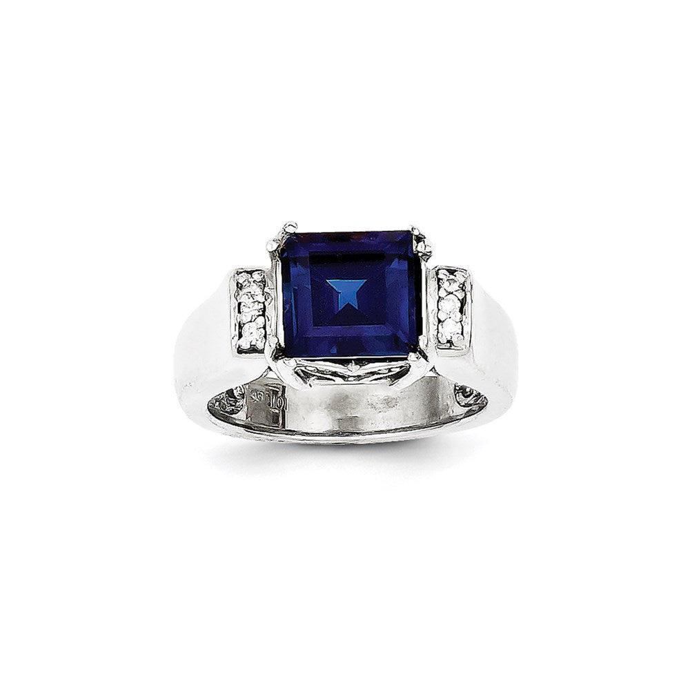 Diamond & Created 8x8mm Princess Cut Sapphire Ring 14K White Gold Fine Jewelry