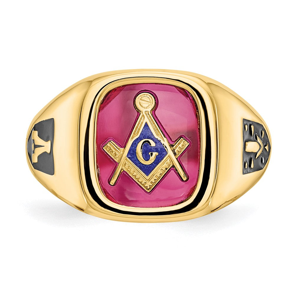 10k Yellow Gold Men's Polished and Textured with Black Enamel and Lab Created Ruby Masonic Ring