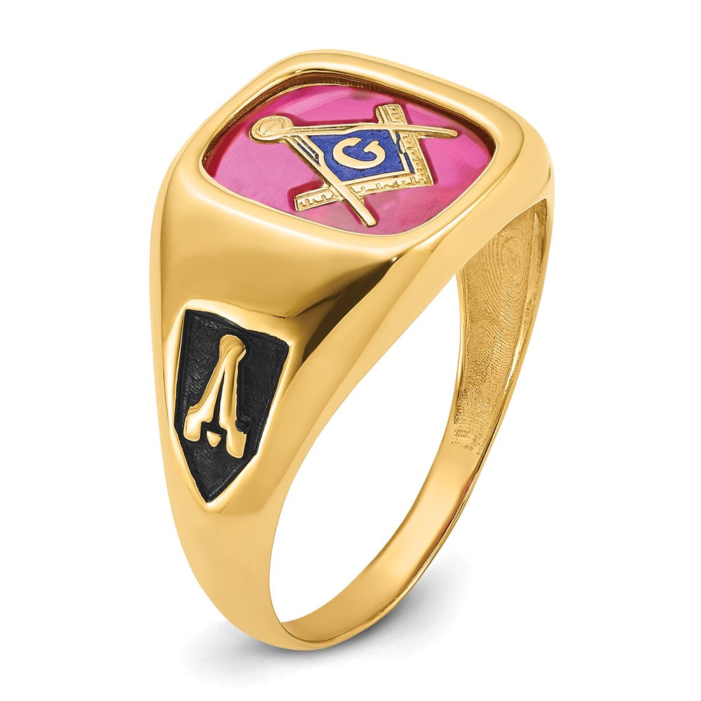 10k Yellow Gold Men's Polished and Textured with Black Enamel and Lab Created Ruby Masonic Ring