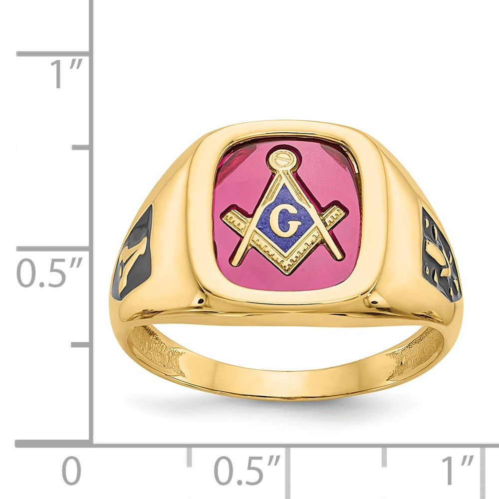 10k Yellow Gold Men's Polished and Textured with Black Enamel and Lab Created Ruby Masonic Ring