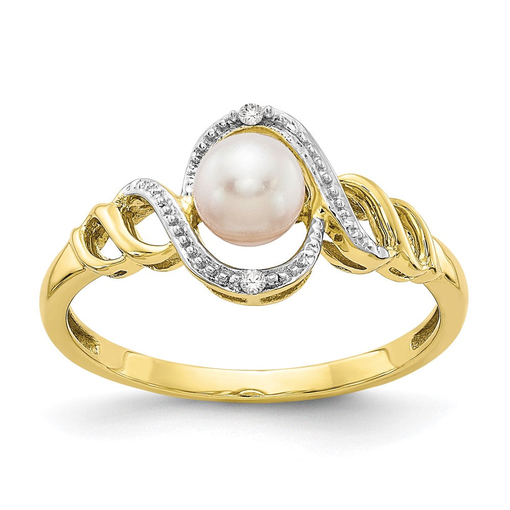 10K Yellow Gold FW Cultured Pearl and Real Diamond Ring