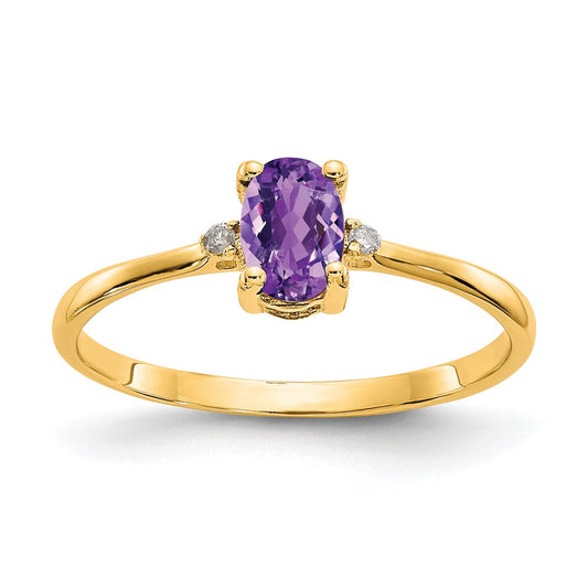 10K Yellow Gold Polished Geniune Real Diamond & Amethyst Birthstone Ring