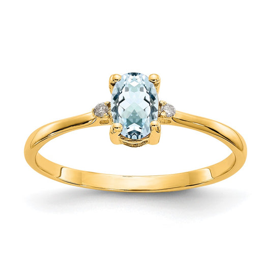 10K Yellow Gold Polished Geniune Real Diamond & Aquamarine Birthstone Ring