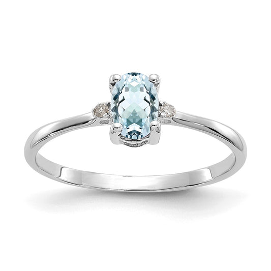 14K White Gold Polished Geniune Real Diamond & Aquamarine Birthstone Ring