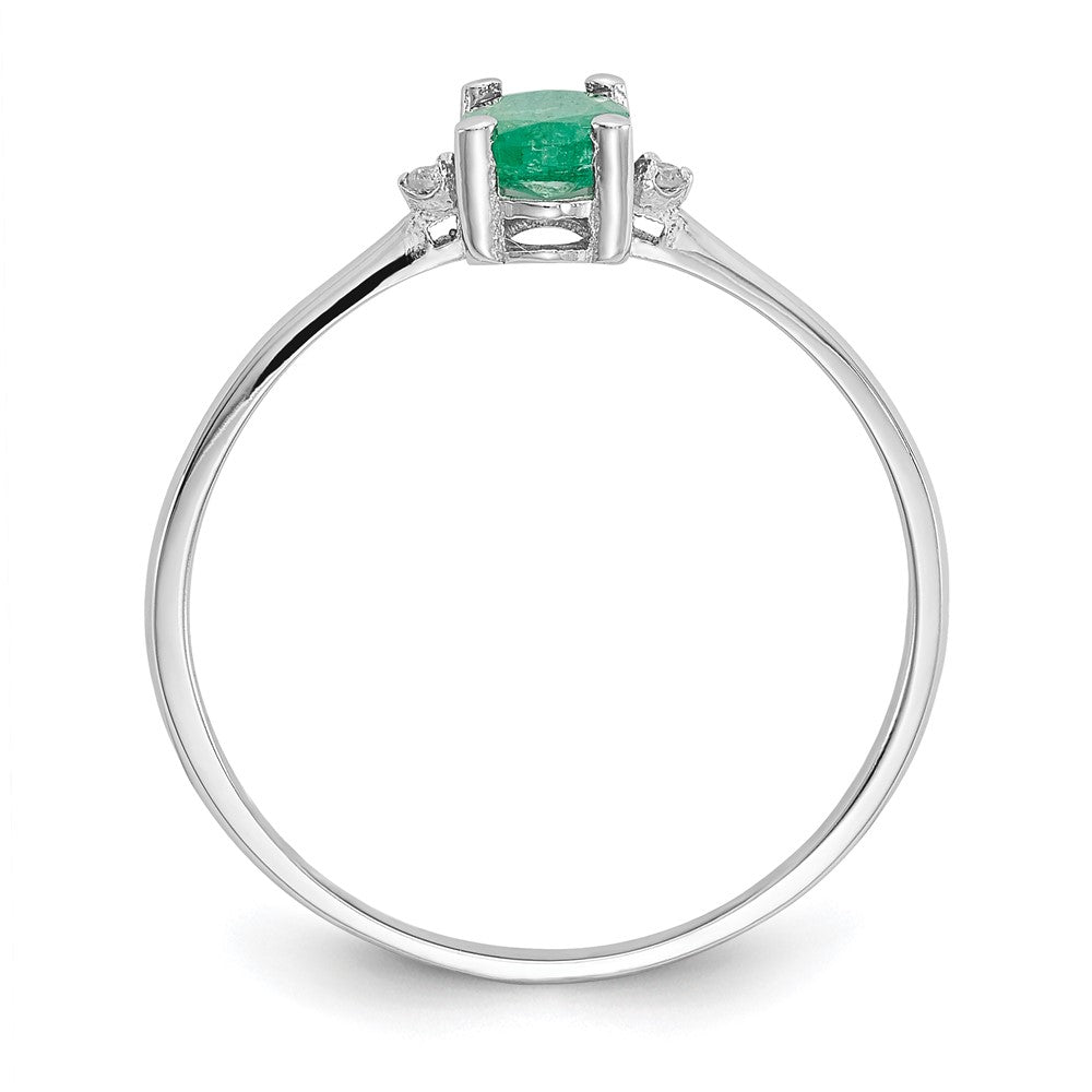 14K White Gold Polished Geniune Real Diamond & Emerald Birthstone Ring