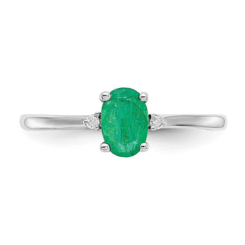 14K White Gold Polished Geniune Real Diamond & Emerald Birthstone Ring