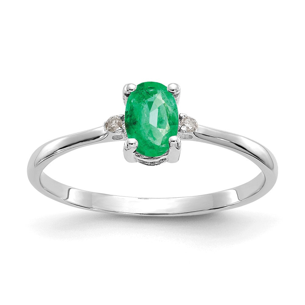 14K White Gold Polished Geniune Real Diamond & Emerald Birthstone Ring