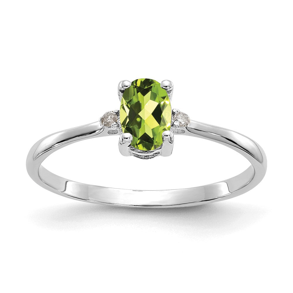 14K White Gold Polished Geniune Real Diamond & Peridot Birthstone Ring