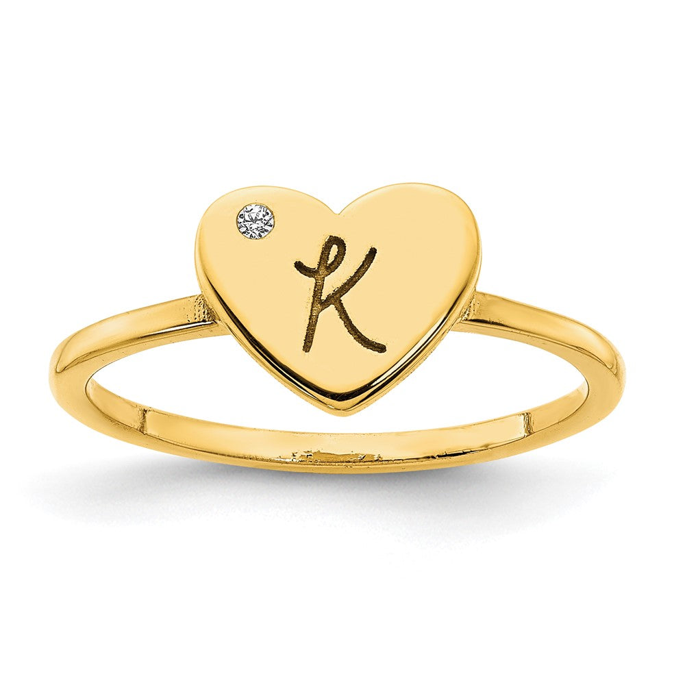 10K Yellow Gold Initial Heart with Real Diamond Signet Ring