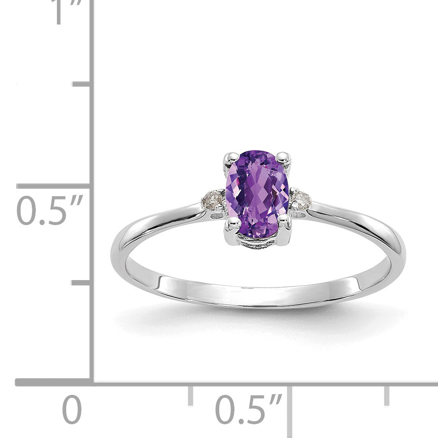 14K White Gold Polished Geniune Diamond and Amethyst Birthstone Ring