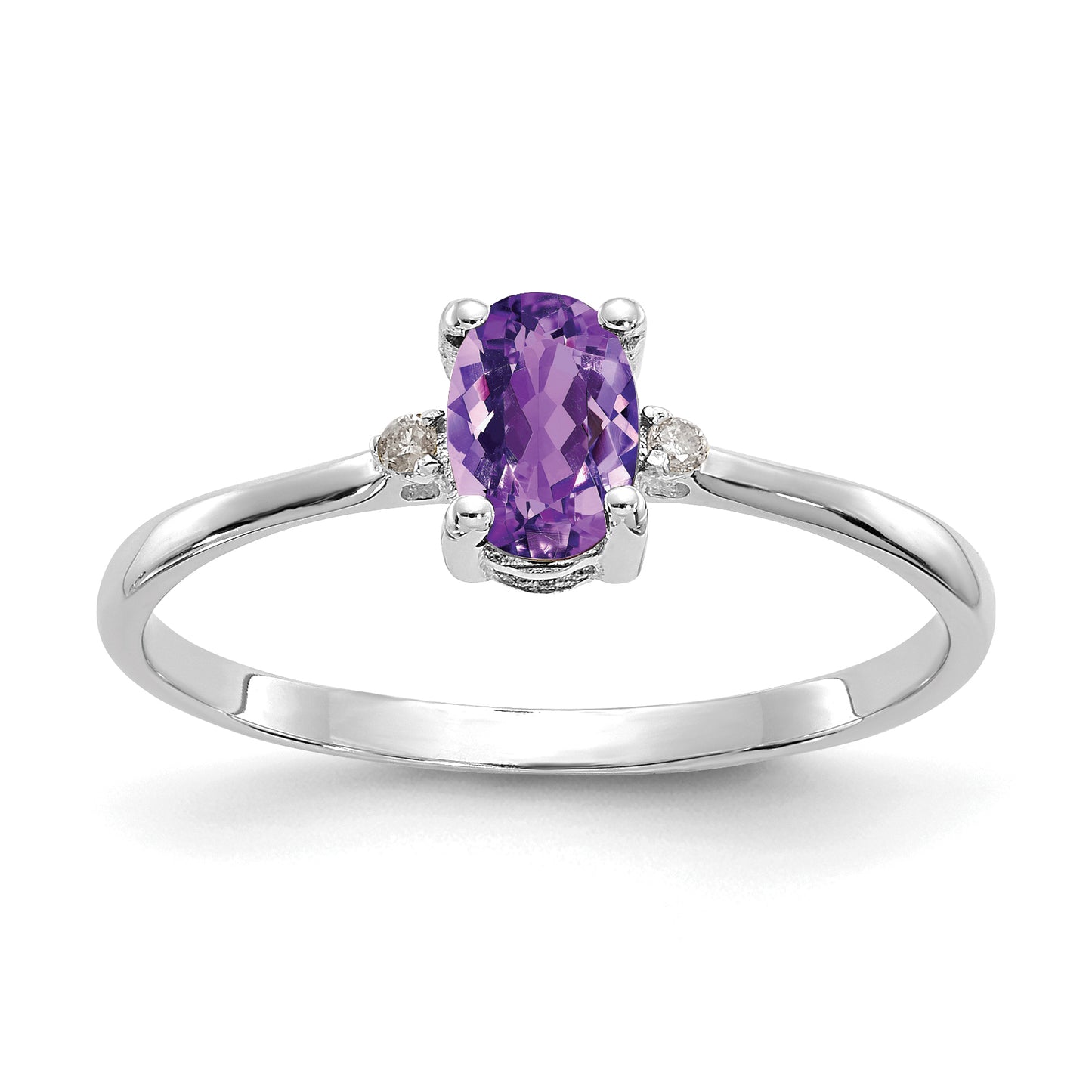 14K White Gold Polished Geniune Diamond and Amethyst Birthstone Ring