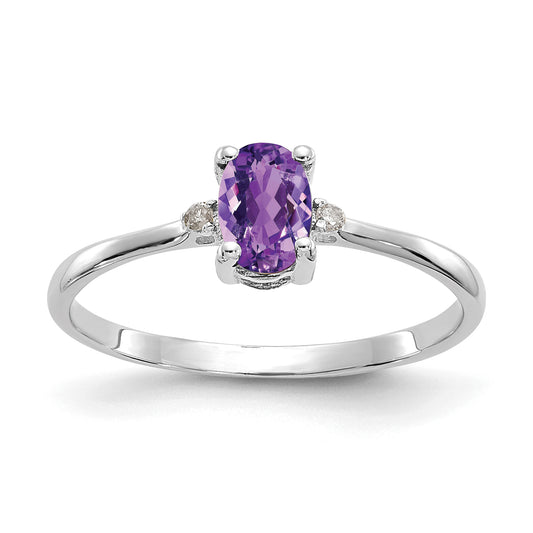 14K White Gold Polished Geniune Diamond and Amethyst Birthstone Ring