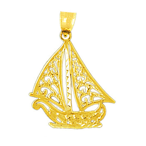 14K Gold Filigree Sailing Sailboat Pendant