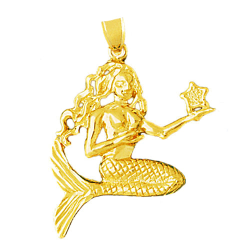 14K Gold Mermaid Holding A Starfish Pendant