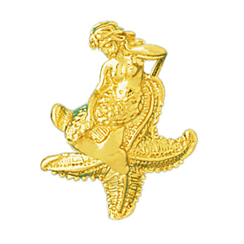 14K Gold 3D Mermaid Sitting On Starfish Pendant