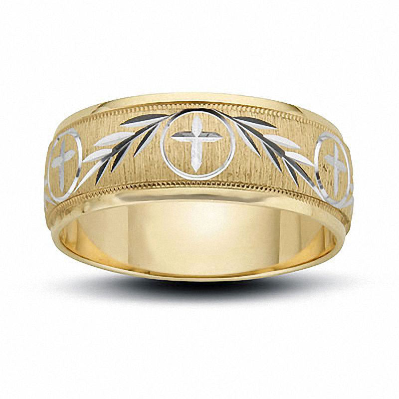 Ladies' 8.0mm Cross and Ivy Wedding Band in Solid 14K Gold