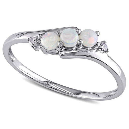 Opal Three Stone Slant Ring in Solid 10K White Gold with Natural Diamond Accents