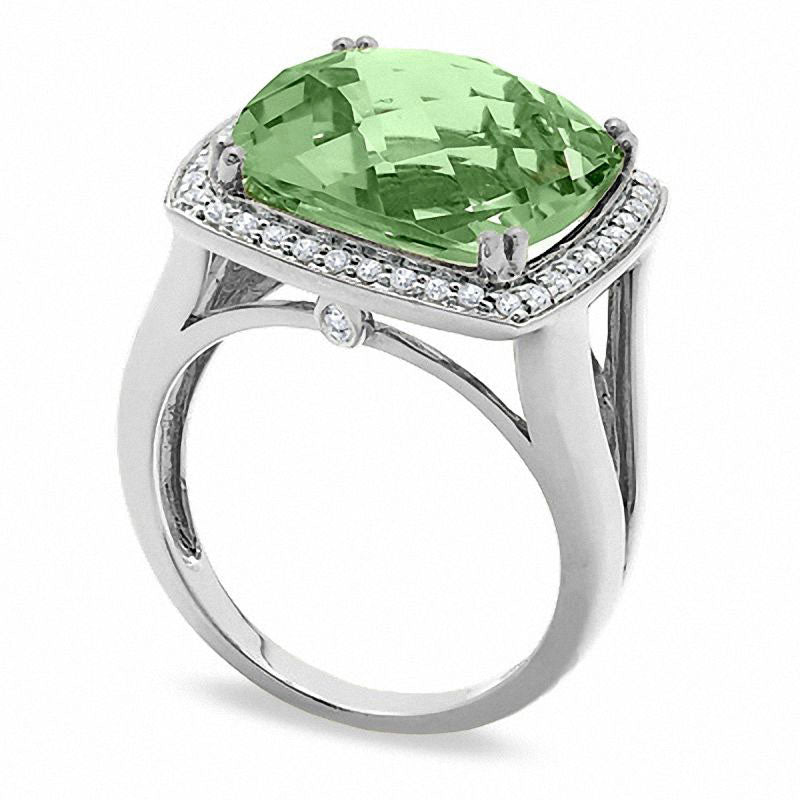 Cushion-Cut Green Quartz Ring in Sterling Silver with Natural Diamond Accents