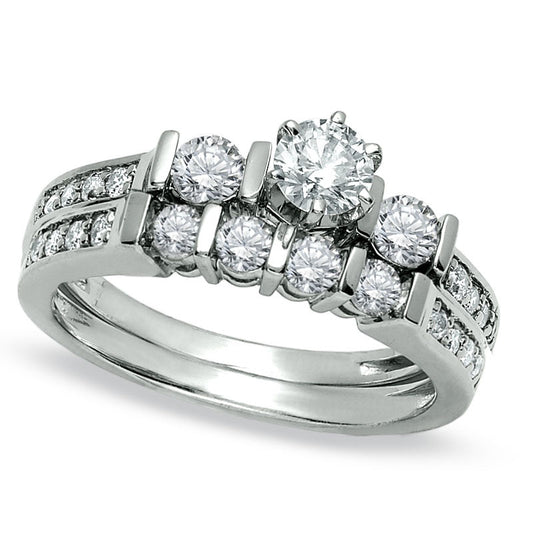 1.0 CT. T.W. Natural Diamond Three Stone Bridal Engagement Ring Set in Solid 14K White Gold