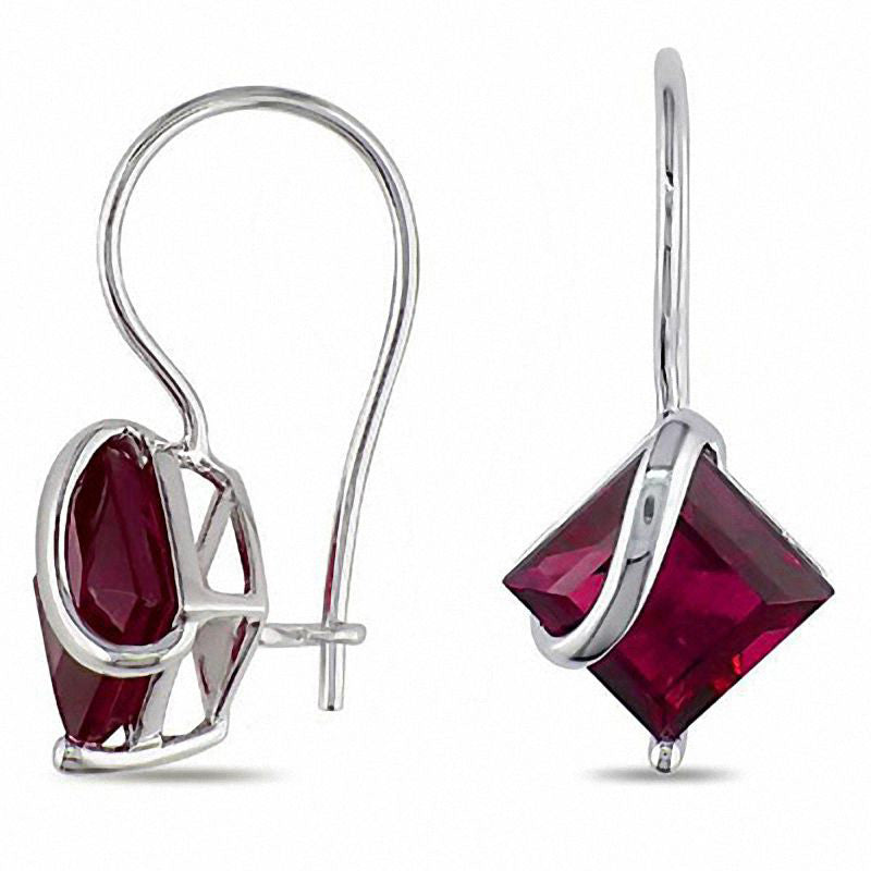 7.0mm Princess-Cut Lab-Created Ruby Swirl Drop Earrings in 10K White Gold