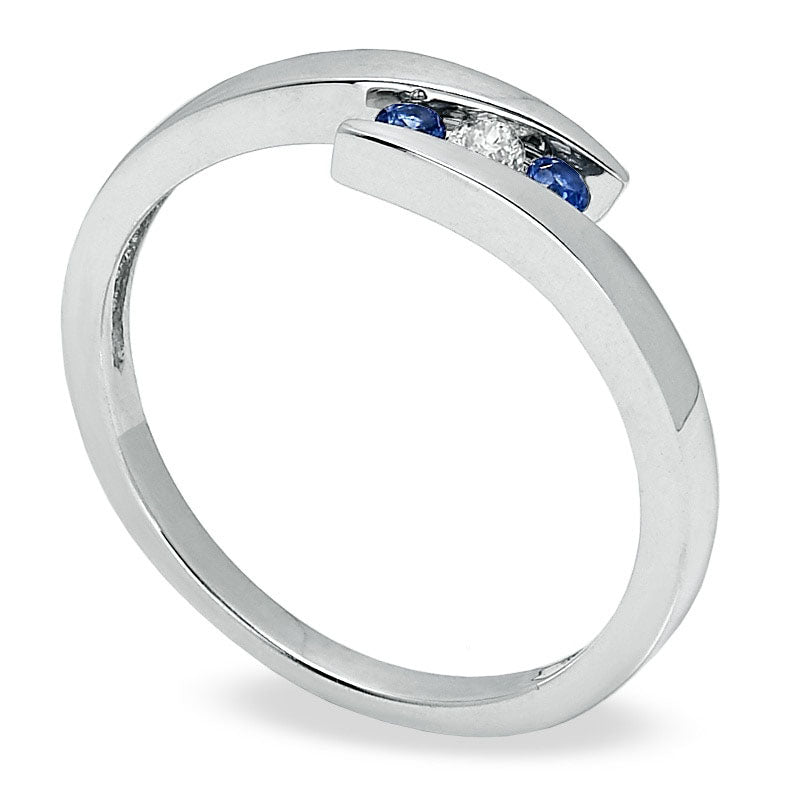 Blue Sapphire and Natural Diamond Accent Three Stone Bypass Ring in Solid 10K White Gold