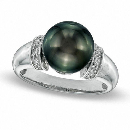 10.0 - 11.0mm Button Black Cultured Tahitian Pearl Collar Ring in Sterling Silver with White Topaz Accents