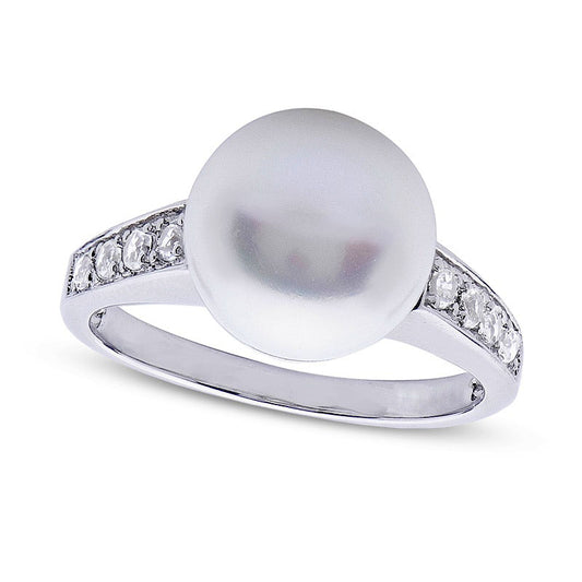 10.0 - 10.5mm Button Cultured Freshwater Pearl and White Topaz Ring in Sterling Silver