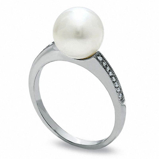 9.0mm Cultured Freshwater Pearl and Natural Diamond Accent Promise Promise Ring in Solid 10K White Gold